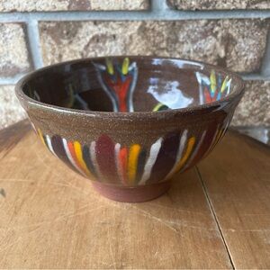 Artisan Pottery Bowl Stamped Striped Exterior 6.5” Diameter Beautiful Condition!
